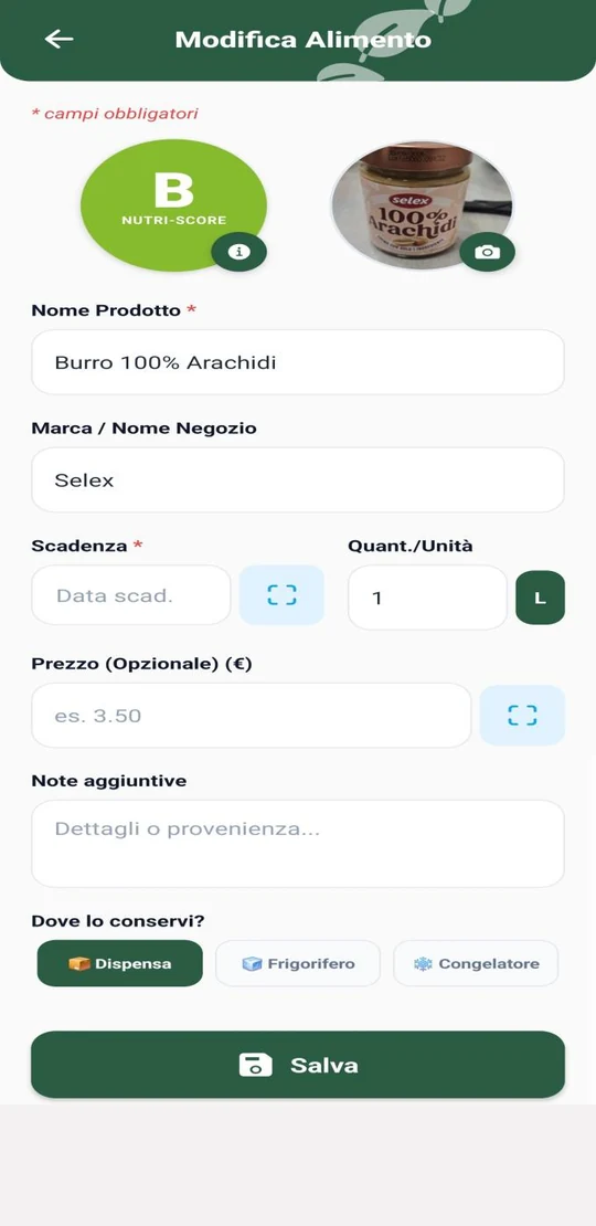 La scheda di un prodotto scansionato, con il Nutri-Score